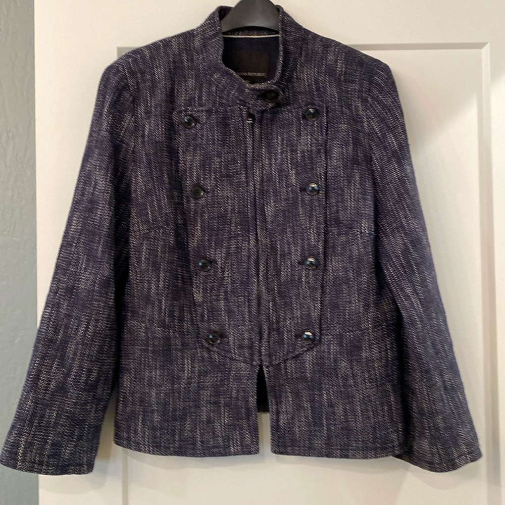 Size 10 Banana Republic Tweed Military Jacket Lined Navy Blazer with Zip Front